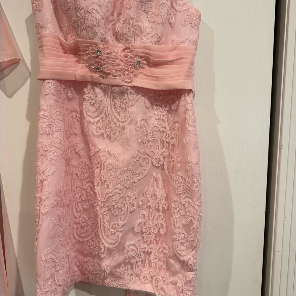 Elegant  Blush Pink Lace Dress with sheer jacket. Lace up back.